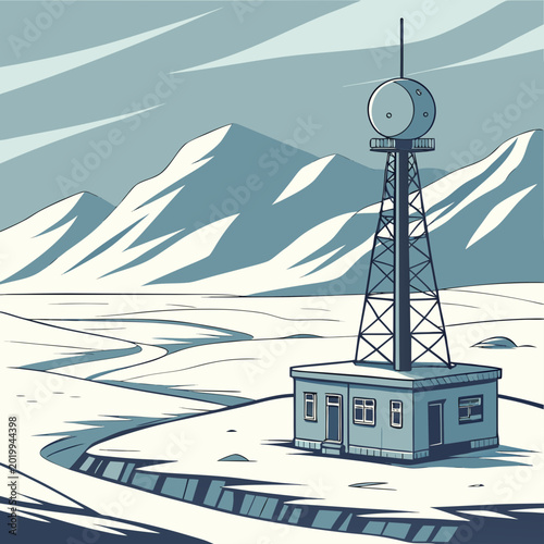 Photos Scientific research outpost with radar tower and small laboratory building in a