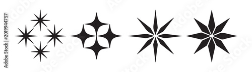 Set of graphic stars and four pointed shapes in minimalist black vector art for decorative use.