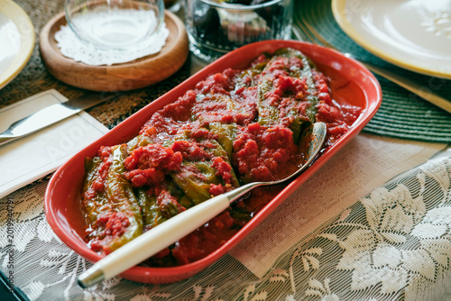 pepper with tomato sauce traditional mediterranean meze for breakfast in turkey and greece