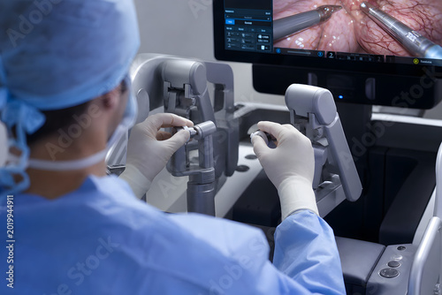 Surgeon operating robotic surgery console in sterile theater