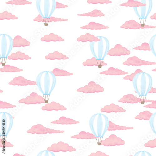 pink cloud blue air baloon pattern white