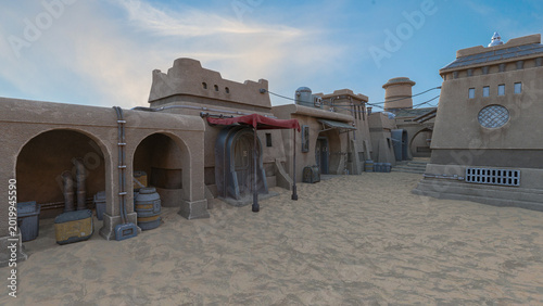 Futuristic sci-fi fantasy desert city on an alien planet. 3D render.
