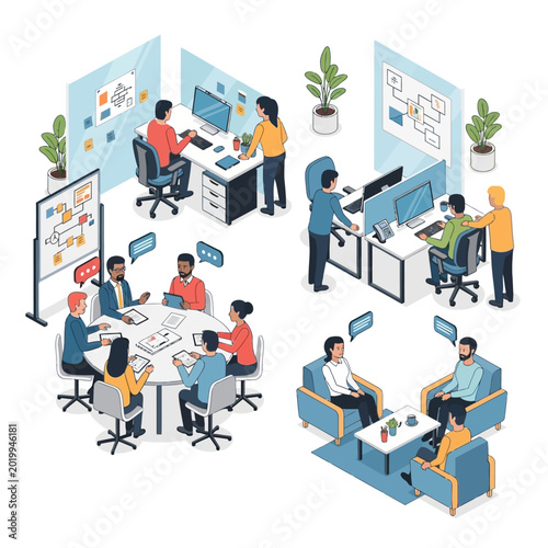Isometric office scenes with teamwork and collaboration concept