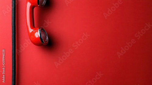 Red vintage telephone receiver hanging on a textured wall in a minimalist macro shot for customer support and emergency hotline marketing