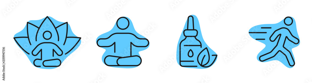 Fototapeta premium Meditation and wellness icons with oil bottle and runner. Editable stroke