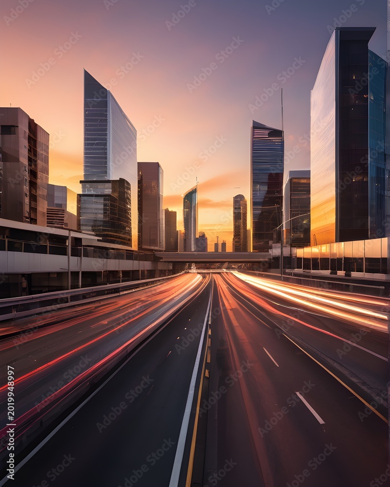 Fototapeta premium Smart City Mobility Urban Traffic Data Streams Sunset Highway Clear 13