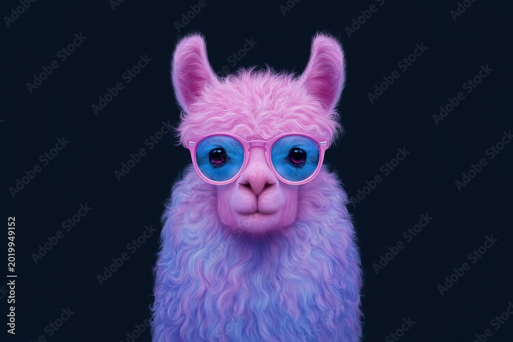 Fototapeta premium Fluffy llama showcasing vibrant colors and stylish sunglasses