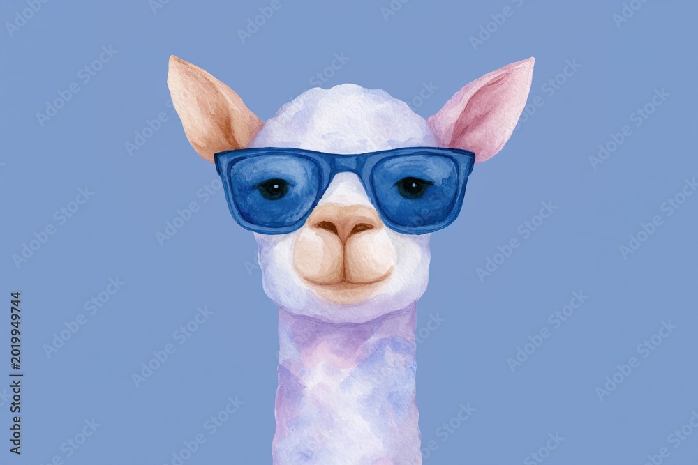 Obraz premium Cool llama with sunglasses against a blue background smiling brightly