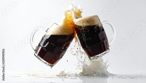 Two dark beer mugs colliding with foam and splash isolated on white background, celebration beverage concept