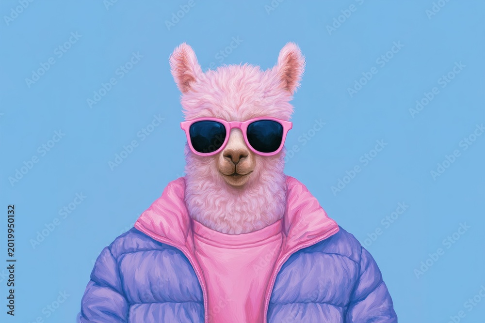 Naklejka premium Llama wearing sunglasses and stylish jacket poses against a blue backdrop