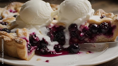 Delicious Homemade Blueberry Pie Served with Vanilla Ice Cream.