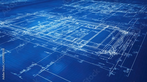 Detailed Blueprint Design of a Modern Building with Precise Measurements and Architectural Elements on a Blue Background