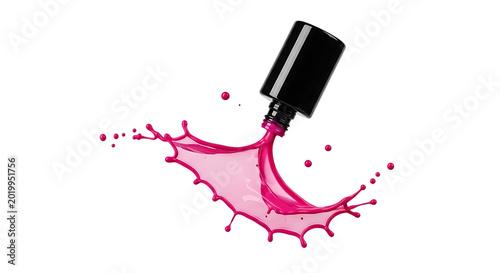 Nail polish bottle with pink paint splatter isolated on transparent background