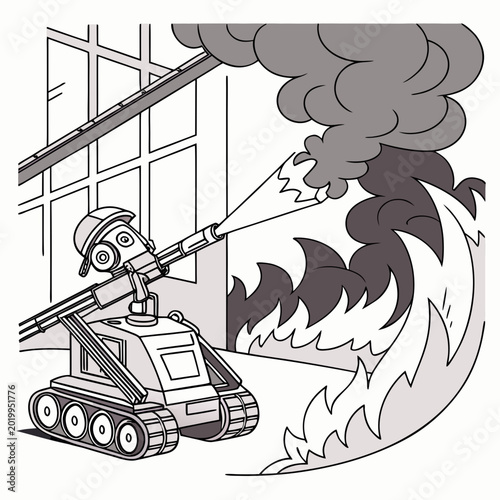 Tableau sur toile Remote controlled firefighting robot extinguishing building fire with firefighte