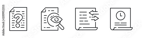 Document icons illustrating review feedback and timing on white. Editable stroke