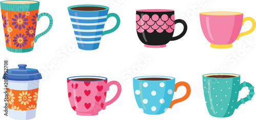 Konstfotografi Colorful Coffee Mug and Tea Cup Vector Collection with Floral Heart Polka Dot Pa