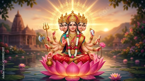 Cinematic Portrait of Goddess Gayatri with Five Faces and Ten Arms, Intricately Adorned in Golden Jewelry and Traditional Silk for Gayatri Jayanti.