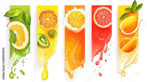 Fruit juice splash banners, vibrant colors, delicious
