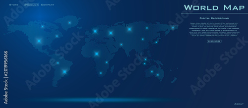 Digital world map illustrating a global network with glowing connection points, symbolizing technology, data, and communication infrastructure worldwide
