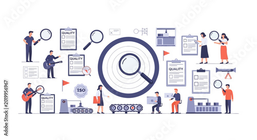 Quality control team inspecting product through magnifying glass in factory