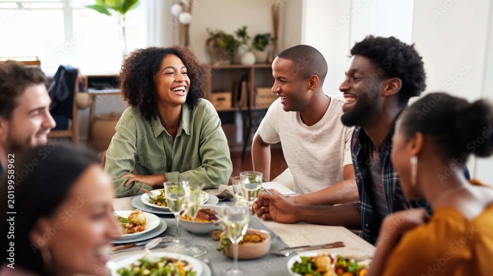 Naklejka premium Friends laughing and talking around a dining table at home during a casual dinner gathering.