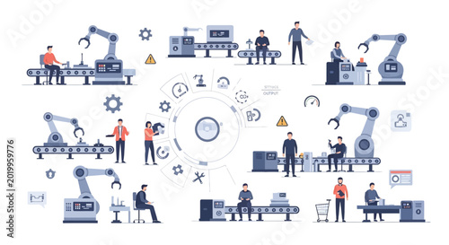 Industrial Robotic Assembly Line with Workers and Machinery