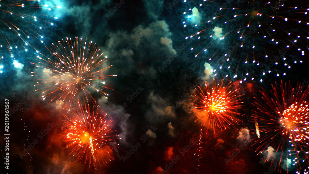 Fototapeta premium 4th of july holiday festival. colorful firework night time to celebrate national holiday. Colorful vibrant Firework celebrate anniversary happy new year 2026 countdown new year party 2026 background