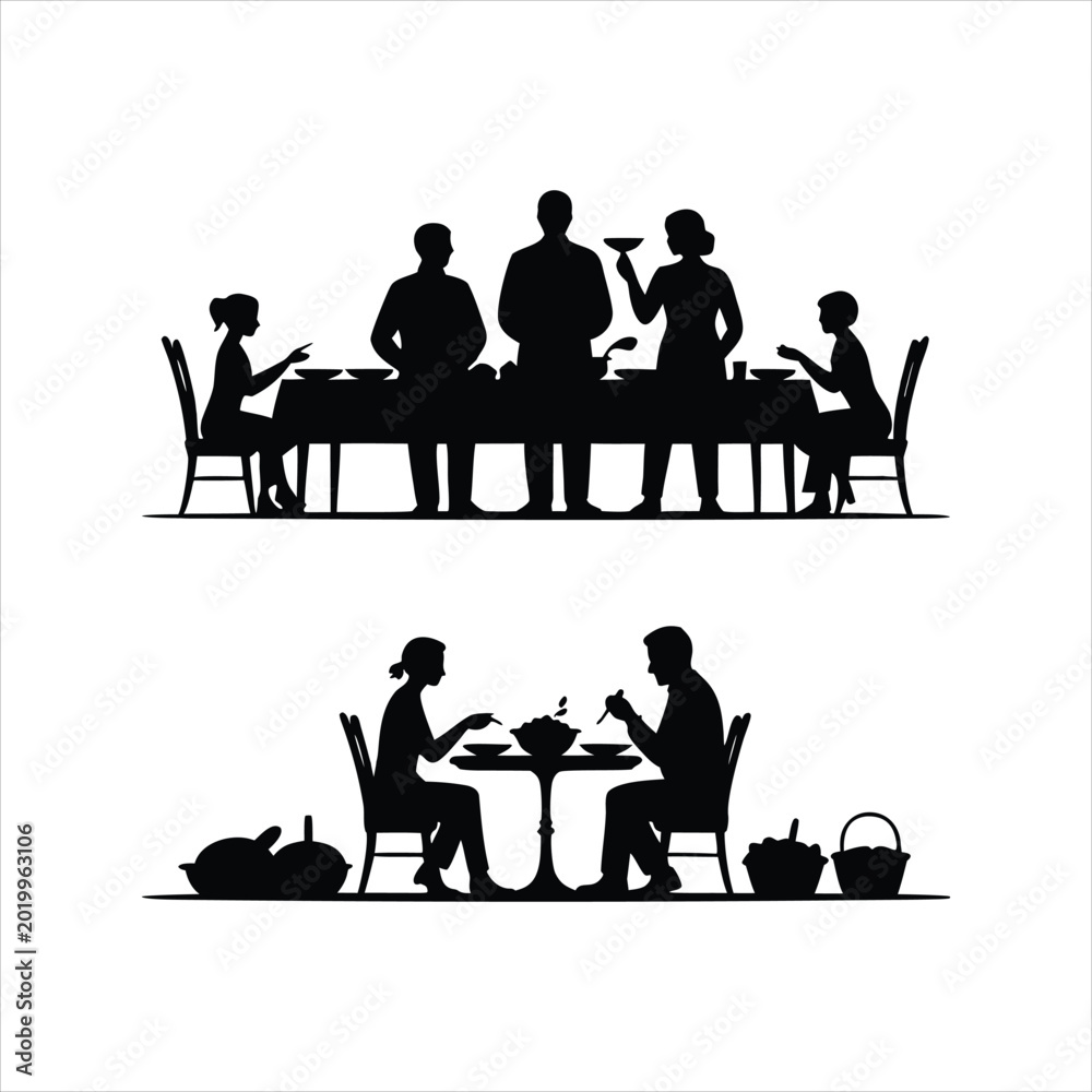 Fototapeta premium Silhouette of people eating at tables in two scenes