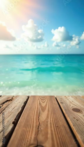 Rustic wood tabletop over blurred ocean, sunny sky, water, day