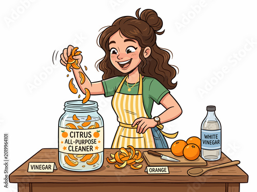 Woman making citrus all-purpose cleaner from oranges and vinegar