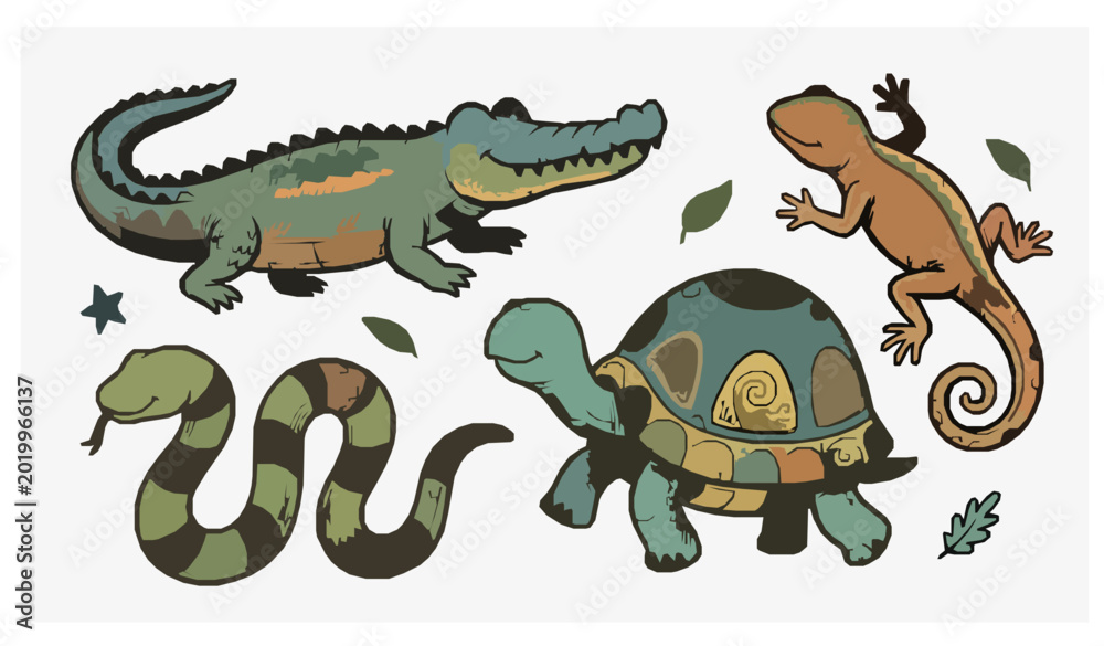 Fototapeta premium Decorative Reptile Sketch Doodle Icons Vector Collection