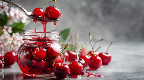 Cherry preserves in jar with spoon drizzling syrup and fresh cherries  