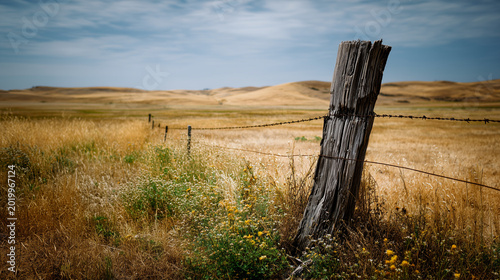 Single broken fence post leaning against wire in dry grassland  