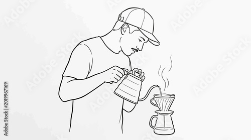 Photos Barista making pour over coffee with a gooseneck kettle.