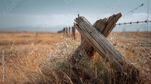 Single broken fence post with loose wire and wildflowers in field  