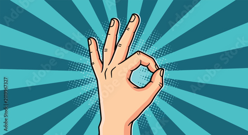 Photos Hand showing OK gesture in pop art style.