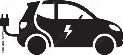 Black silhouette of an electric car being charged isolated on transparent background