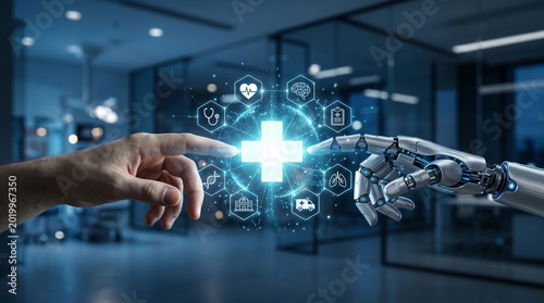 Фотография Human hand and robotic arm touching with glowing blue medical symbols in modern