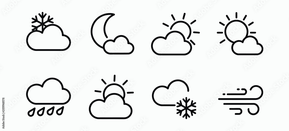 Obraz premium Set of weather line icons featuring sun cloud rain snow moon and wind symbols for forecast mobile apps and web interface.
