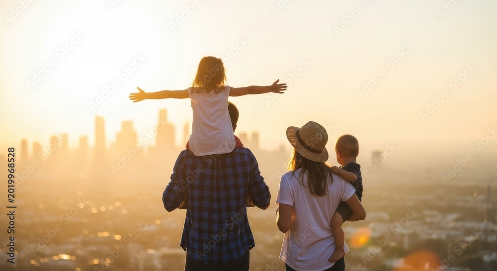 Fototapeta premium Happy Family Enjoying Scenic City View at Sunset, Father Carrying Daug
