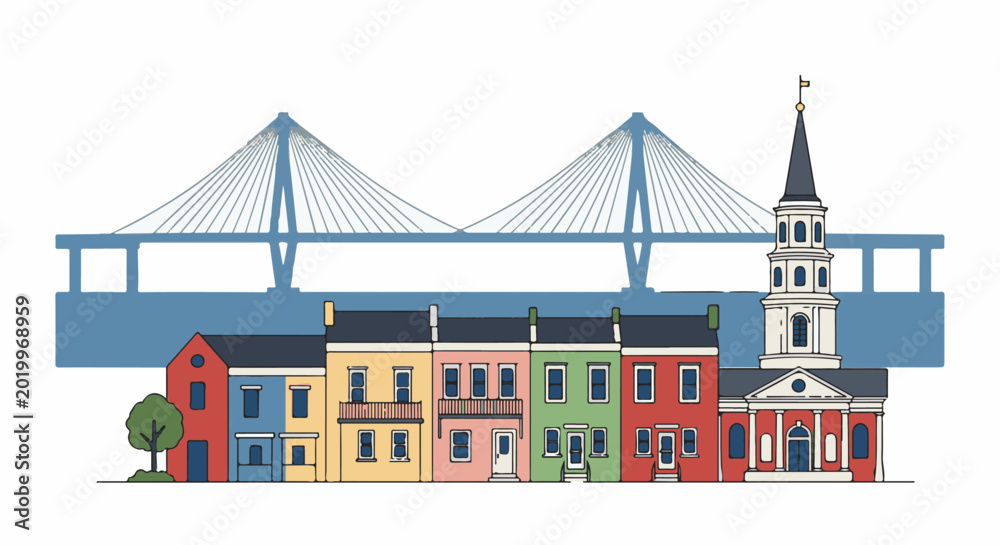 Fototapeta premium Colorful row of buildings and a tall church steeple against a bridge