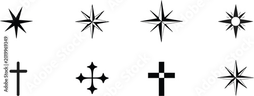 Collection of black star and religious cross symbols including compass rose spark shine and Christian icons for graphic design elements.