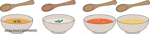 Photos Assorted bowls of colorful soup with wooden spoons, top-down view of garnished s