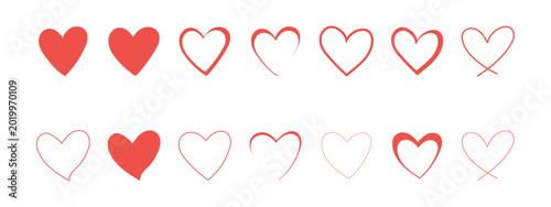 Hand drawn doodles hearts set. Various different hand drawn heart icon. Red heart symbol. Vector illustration 