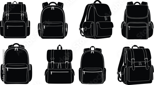 Obraz na płótnie Backpack silhouettes, flap closure, zipper pocket, buckle detail, school bag, ou