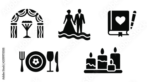 Bilde på lerret Wedding and Celebration icon collection including arch, bride and groom, guestbook, dinner table and candles for event invitation and decor vector design