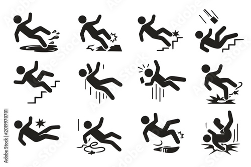 Slip and fall accident warning icons, workplace safety hazard symbols, falling person pictogram collection. Wet floor, ladder fall, staircase accident, trip hazard, industrial safety, construction ris