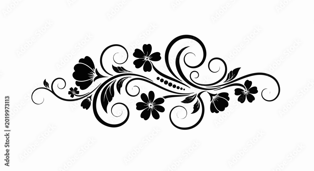 Fototapeta premium Elegant black floral scrollwork with blossoms and swirling vines