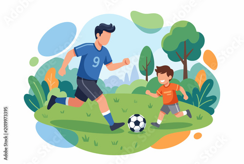Father and Son Playing Soccer in Park for Father's Day