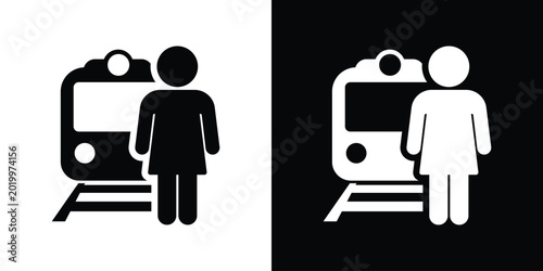 Tableau sur toile Simple silhouette icon of a woman standing in front of a train, representing female commuters, safety in transit, and public rail travel